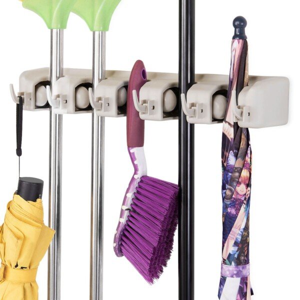 Daugiafunkcis sieninis šluotų ir įrankių laikiklis su 5 spaustukais ir 6 kabliukais (Balta)