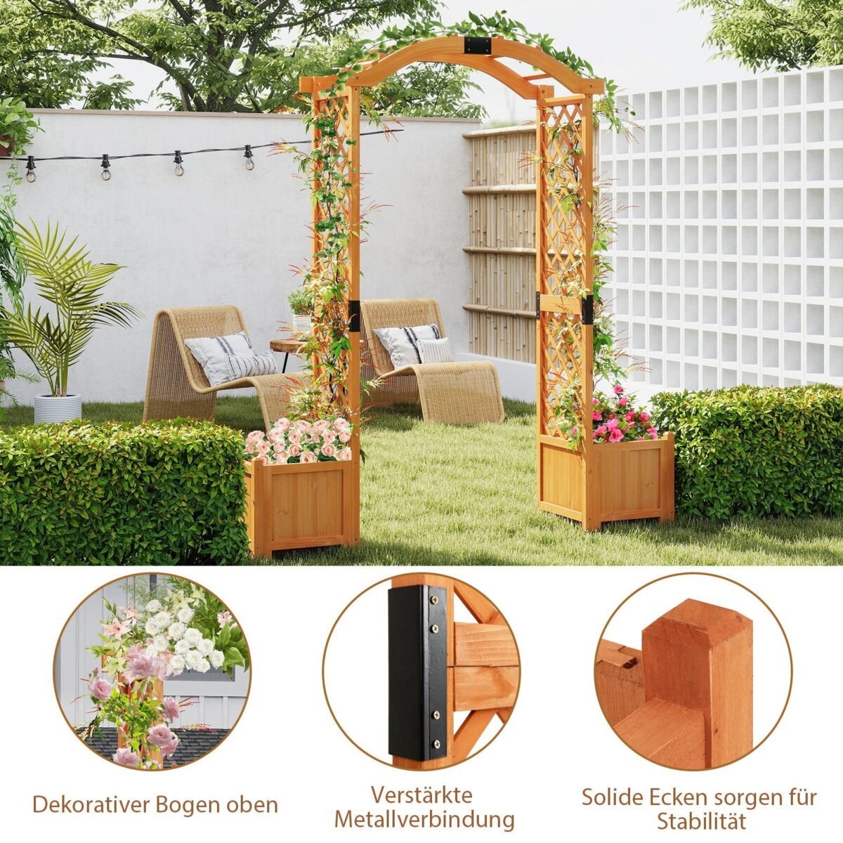 Medinė rožių arka su gėlių dėže lauko erdvėms (Geltona)