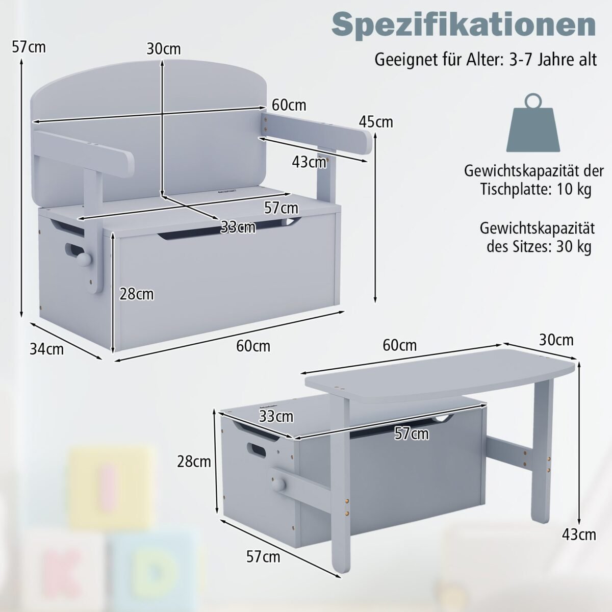 3-in-1 Vaikų stalas su suoliuku ir daiktadėže (Pilka)