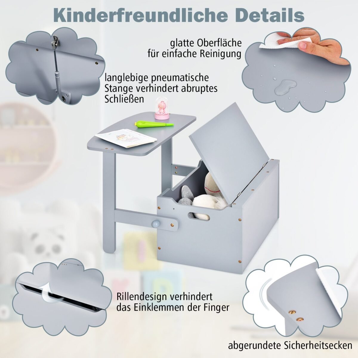 3-in-1 Vaikų stalas su suoliuku ir daiktadėže (Pilka)