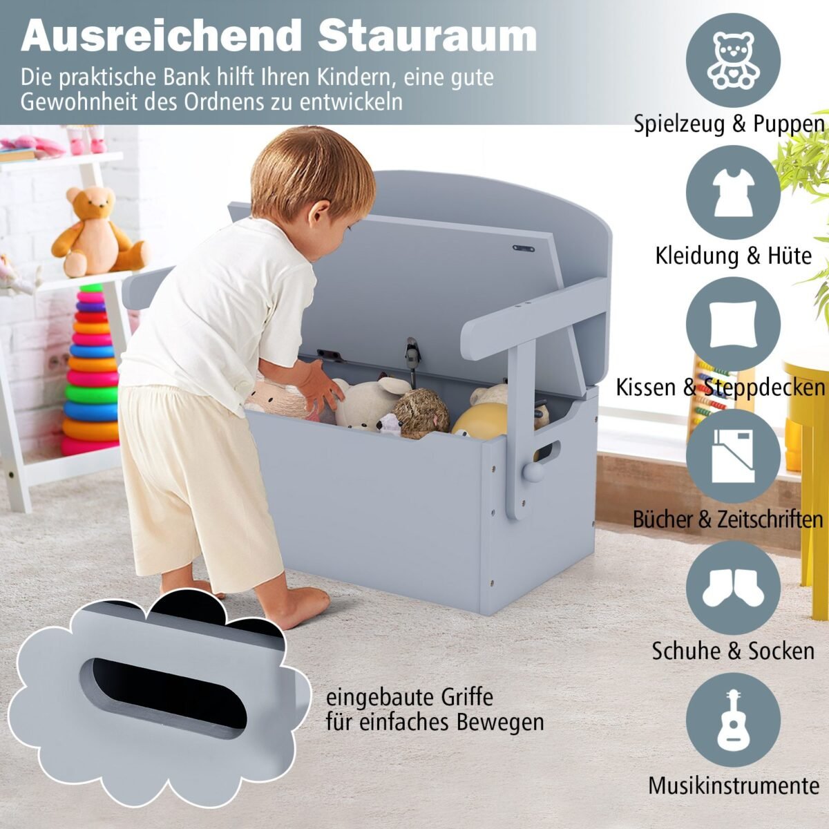 3-in-1 Vaikų stalas su suoliuku ir daiktadėže (Pilka)