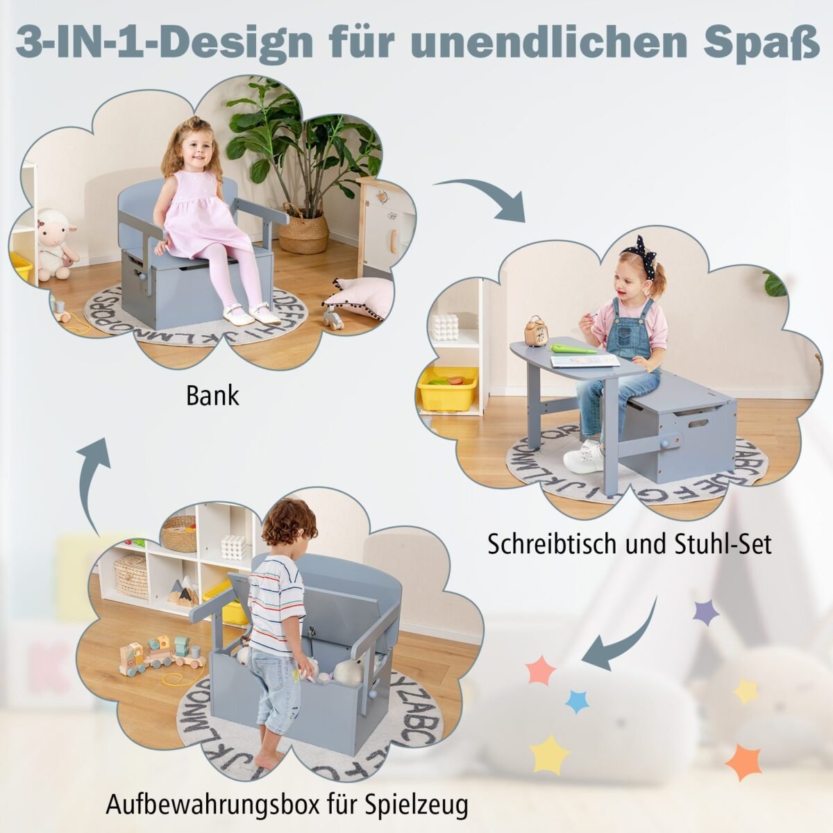 3-in-1 Vaikų stalas su suoliuku ir daiktadėže (Pilka)