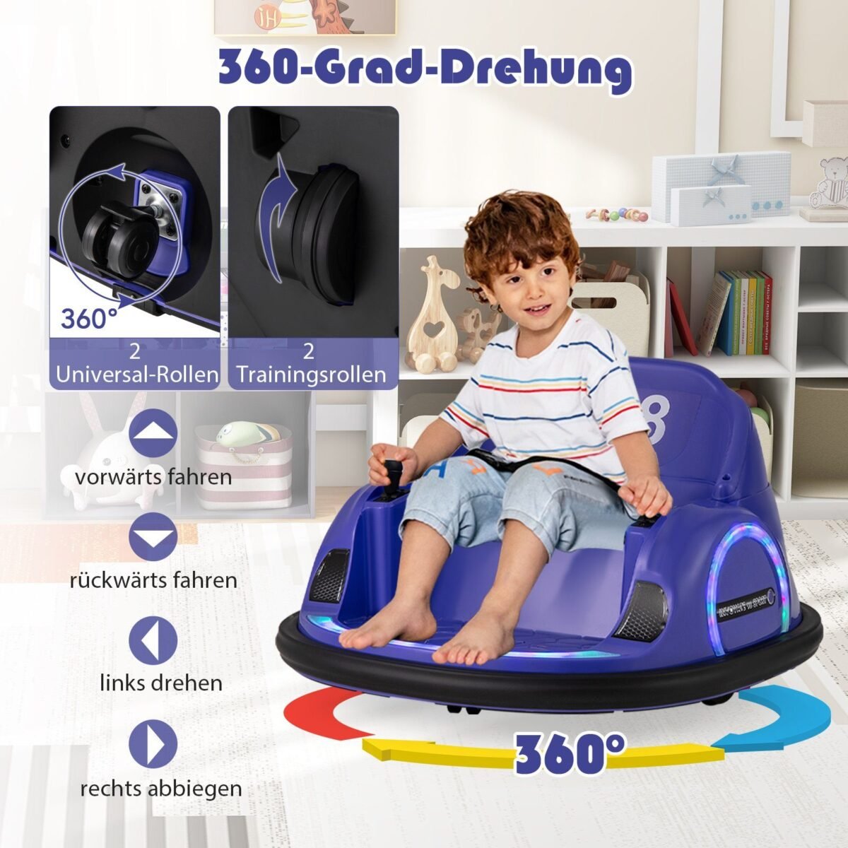 Elektrinis paspirtukas vaikams su LED apšvietimu ir 360° sukimusi (Violetinė)