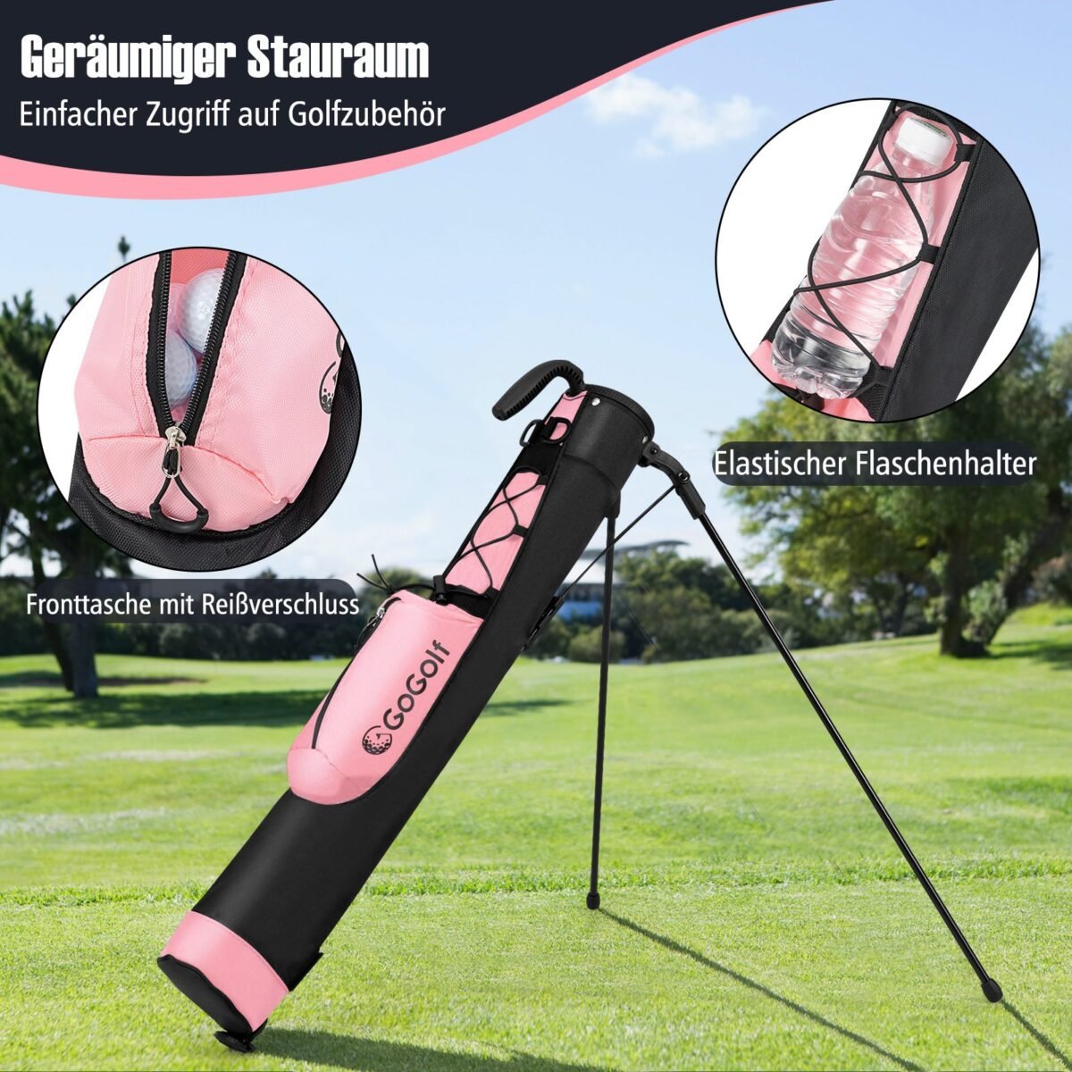 Lengvas golfo stovėjimo krepšys su dviejų skyrių viršutine dalimi ir peties dirželiu (Rožinė)