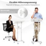 Reguliuojamo aukščio ir pakreipiama plokštuma pasižymintis mobilus podiumas (Balta)