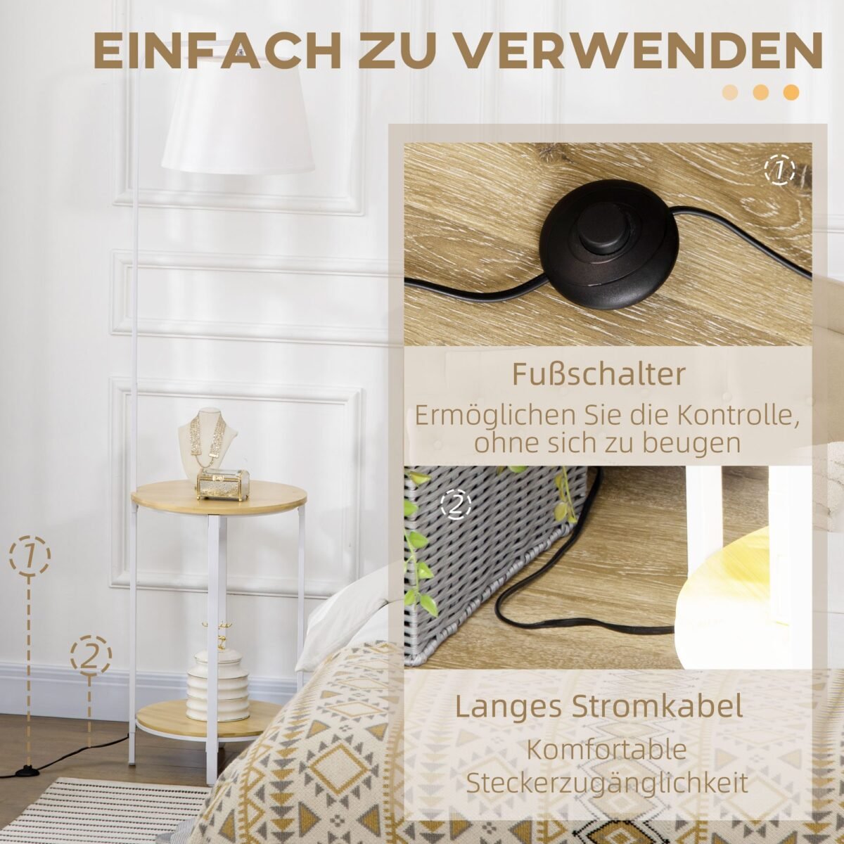 Pastatomas šviestuvas su dviem integruotomis lentynomis