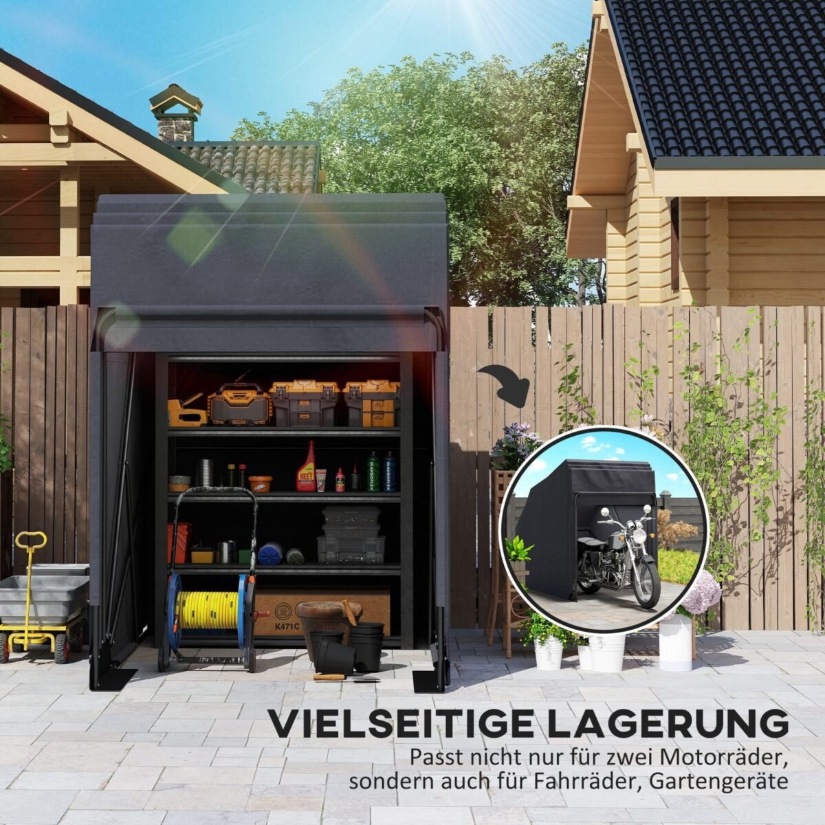 Sulankstoma lauko motociklo pavėsinė su ventiliacija