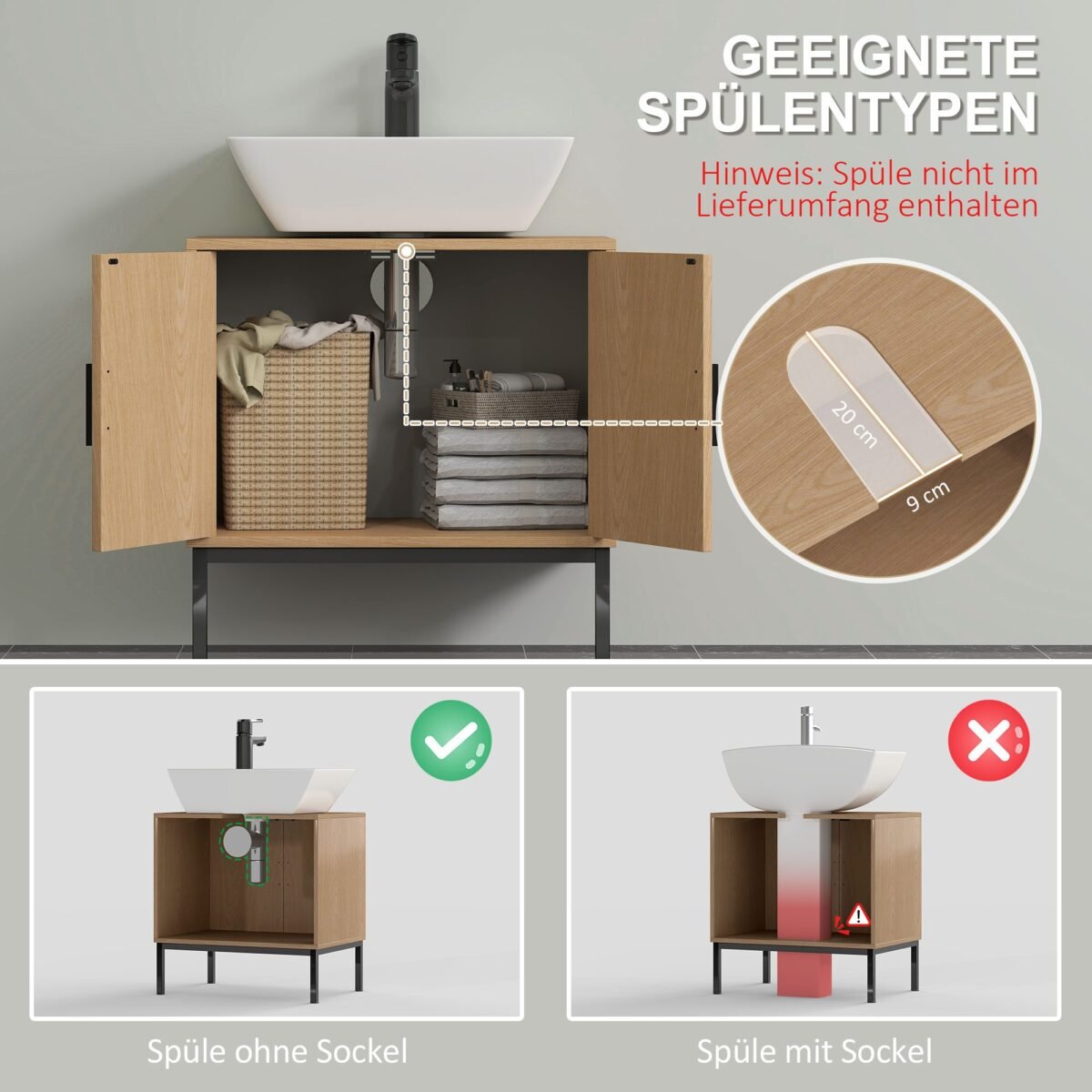 Boho stiliaus praustuvo spintelė su rotango detalėmis ir U formos išpjova