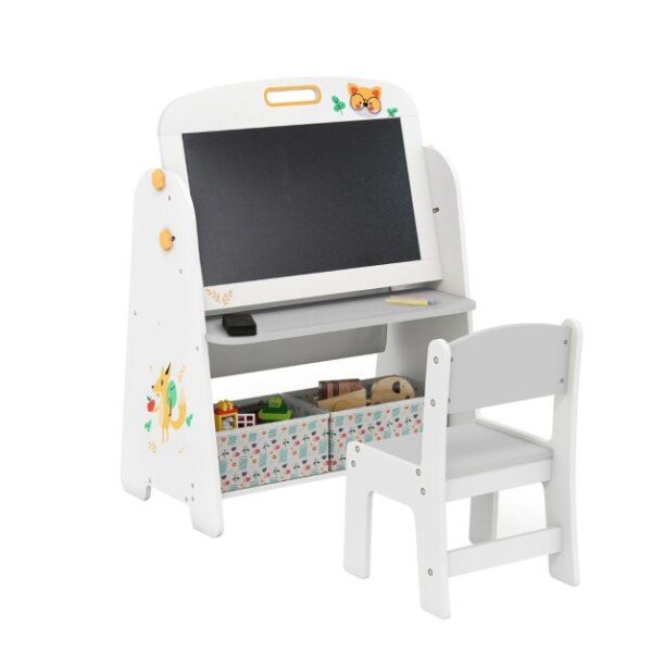 Vaikiškas 4-in-1 dailės stovas su kėdute ir laikymo lentynomis (Pilka)