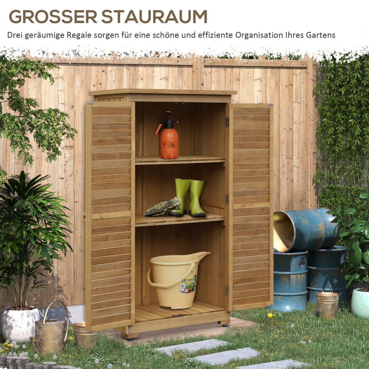 Atsparus orams sodo sandėliukas su žaliuzinėmis durimis ir 3 lentynomis