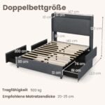 Minkštas platformos lovos rėmas su LED apšvietimu ir integruota įkrovimo stotele (200 x 140 cm) (Pilka)