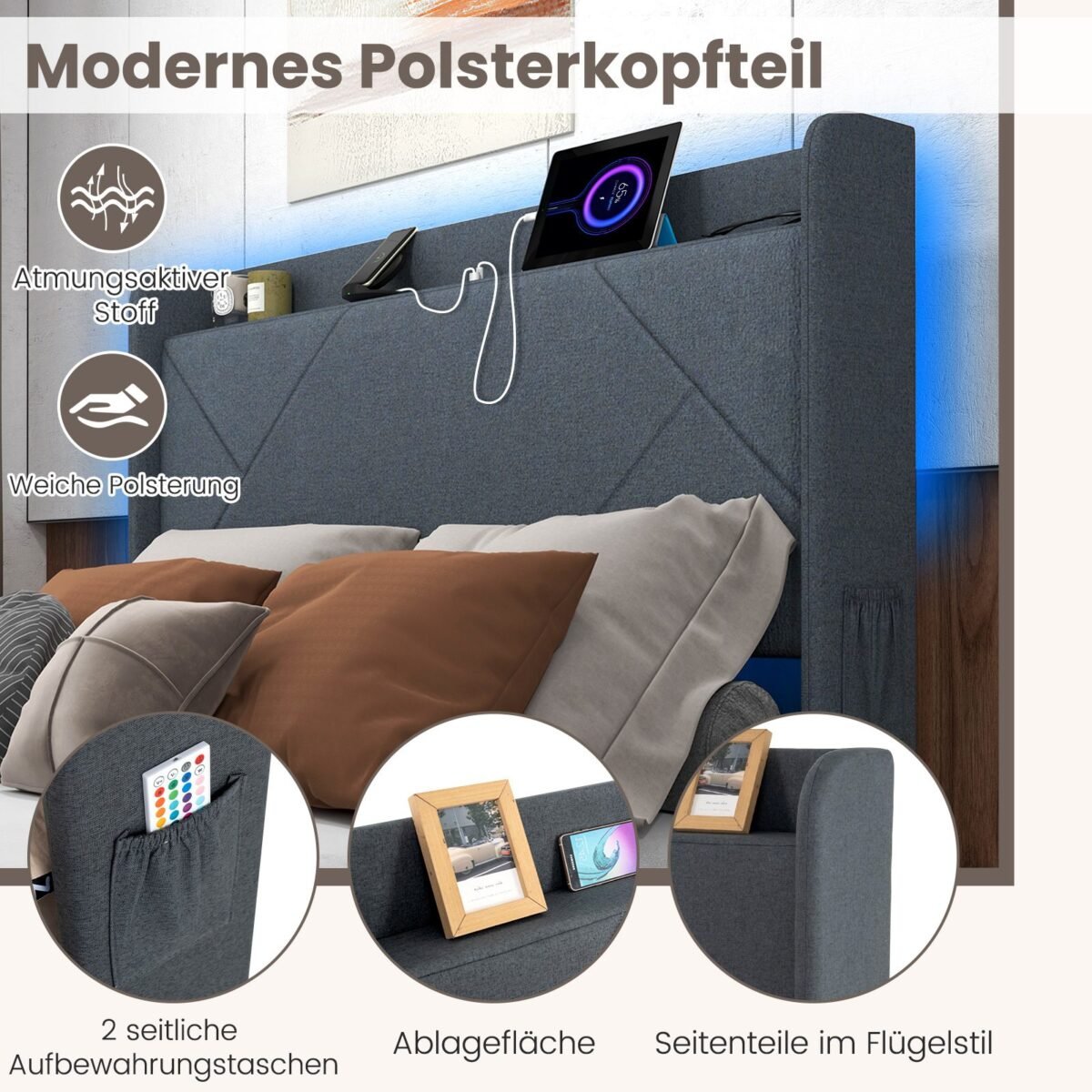 Minkštas platformos lovos rėmas su LED apšvietimu ir integruota įkrovimo stotele (200 x 140 cm) (Pilka)