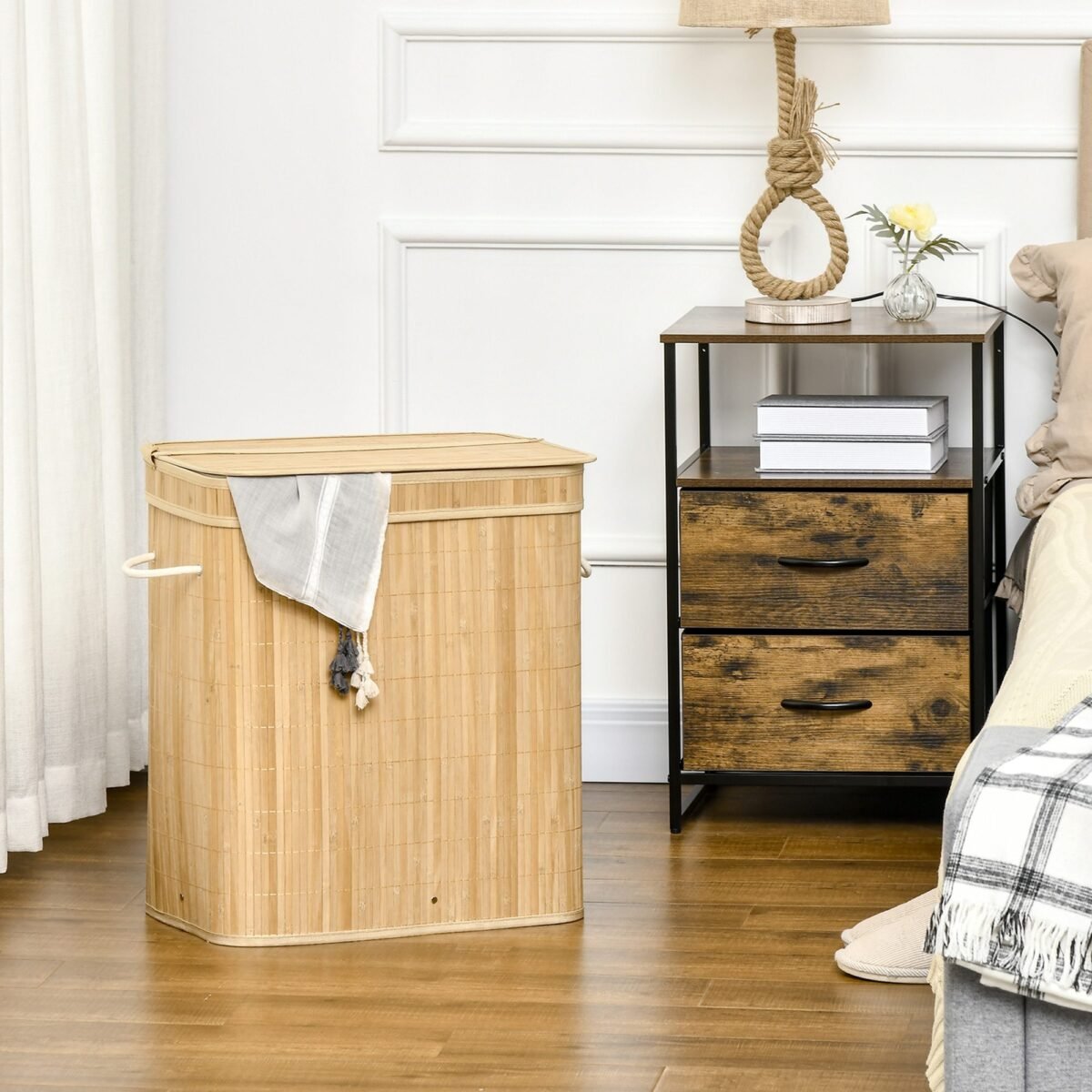 Sulankstomas bambukinis skalbinių krepšys su išimamu maišu ir dangčiu, 90 L