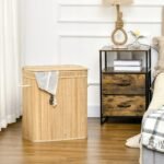 Sulankstomas bambukinis skalbinių krepšys su išimamu maišu ir dangčiu, 90 L