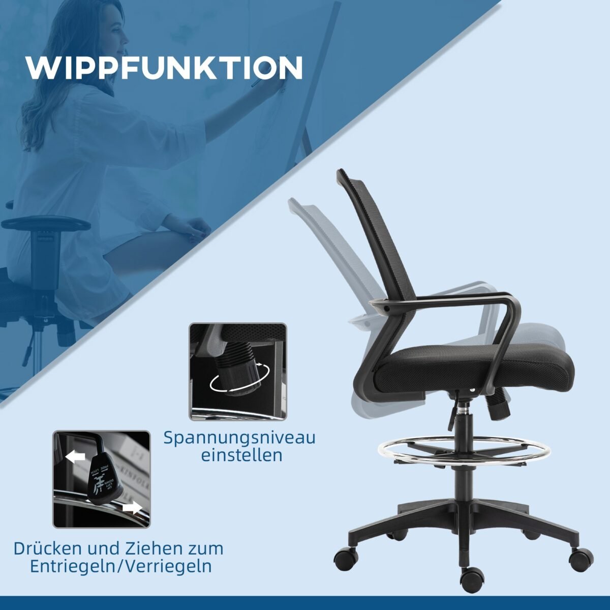 Aukšta biuro kėdė su reguliuojamu aukščiu, pakoju ir tinkline nugaros atrama