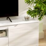 TV spintelė blizgiais fasadais, skirta iki 65 colių TV, su 3 skyriais ir stalčiumi