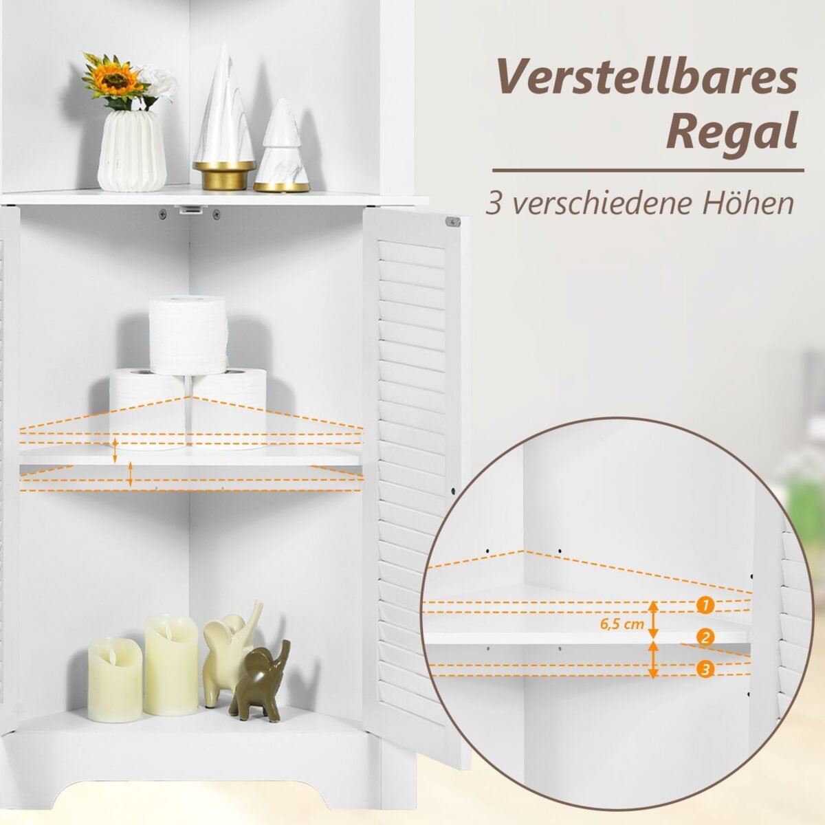 Kampinė vonios spintelė su 3 atviromis lentynomis ir 2 lameliuotomis durimis (Balta)