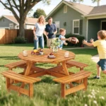 Pikniko stalas su keturiais mediniais suoliukais (Geltona)