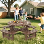 Medinis sodo pikniko stalas su suoliukais ir skėčio laikikliu (Ruda)