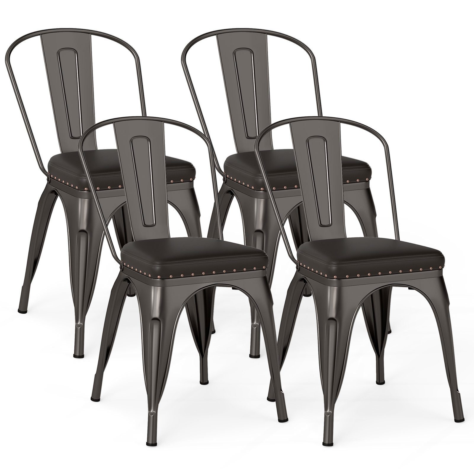 esszimmersthle4ersetbistrostuhlmetallstuhlstapelbarkchensthlegepolstertgartensthlemitrckenlehne44x53x84cmschussgrau_image_1 Komplektas 4 valgomųjų kėdžių metalinių su paminkštinimu (Šlifuota pilka)