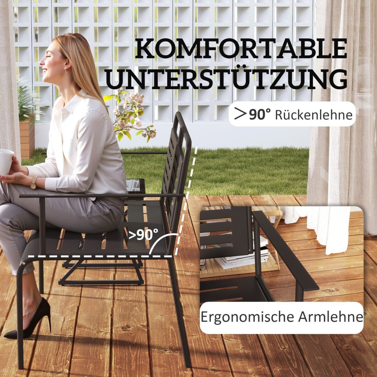 Oro sąlygoms atsparus plieninis sodo suoliukas su atlošu ir porankiais