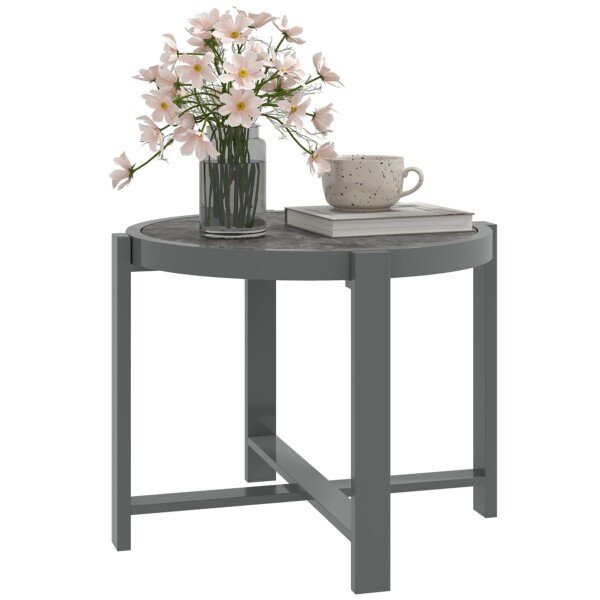 Apvalus lauko šoninis staliukas su marmuro raštuotu stikliniu stalviršiu ir aliuminio rėmu