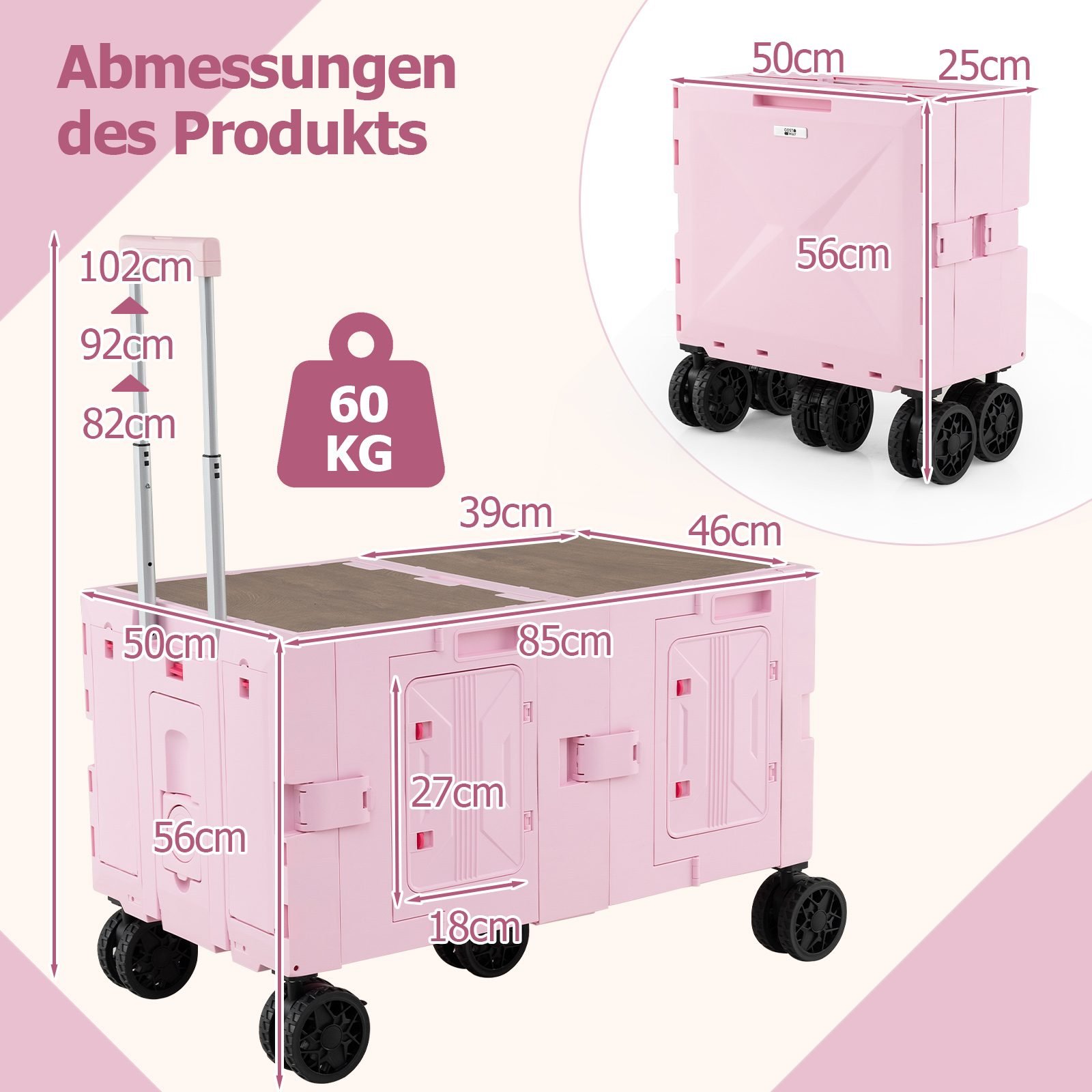 faltbarebollerwagenhandwagenmittischplatte2kistenverstellbaremgriffgetrnkehalternrosa_1751609935762_image_2 Nešiojamas sulankstomas vežimėlis su stalviršiu ir dviem krepšiais (Rožinė)