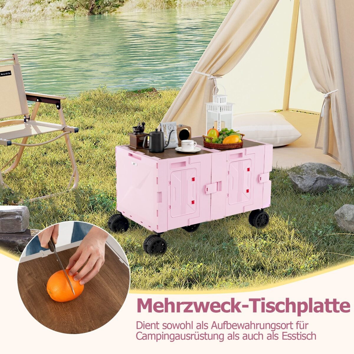 Nešiojamas sulankstomas vežimėlis su stalviršiu ir dviem krepšiais (Rožinė)