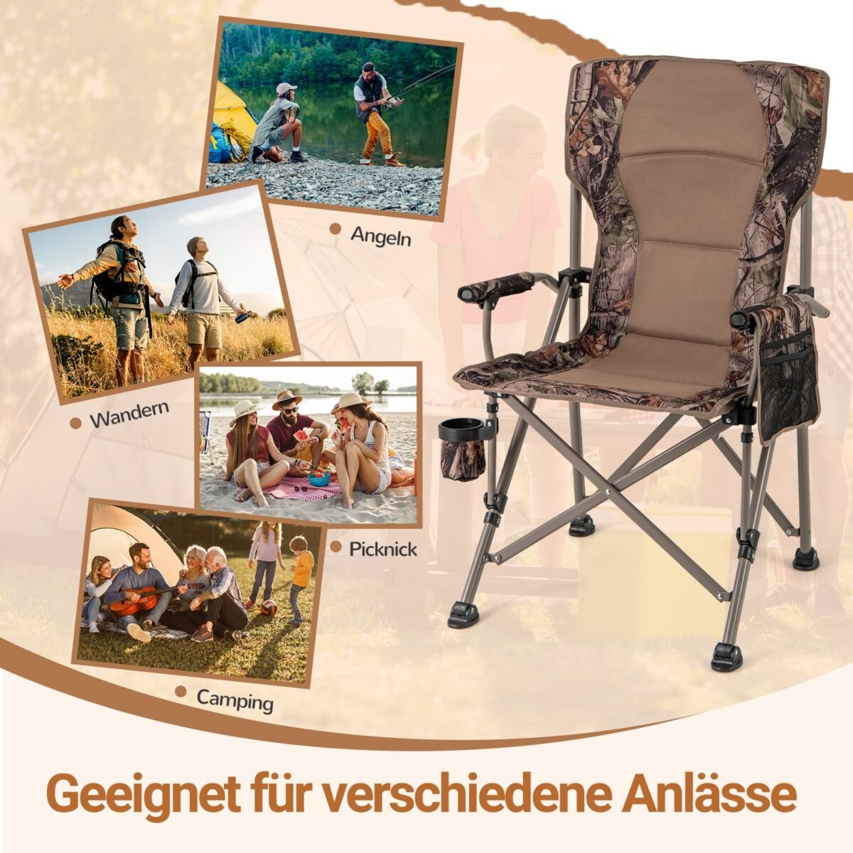 Sulankstoma lauko kėdė su puodelio laikikliu ir šonine kišene (Ruda)