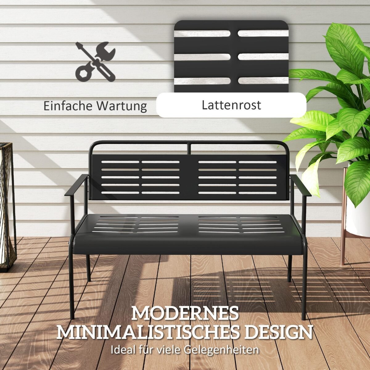 Oro sąlygoms atsparus plieninis sodo suoliukas su atlošu ir porankiais