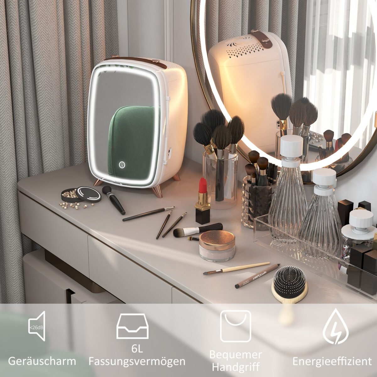 Nešiojamas mini šaldytuvas kosmetikai su apšviestu veidrodžiu