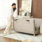 Velvetinio audinio sofa-lova su reguliuojamu atlošu ir 2 pagalvėlėmis