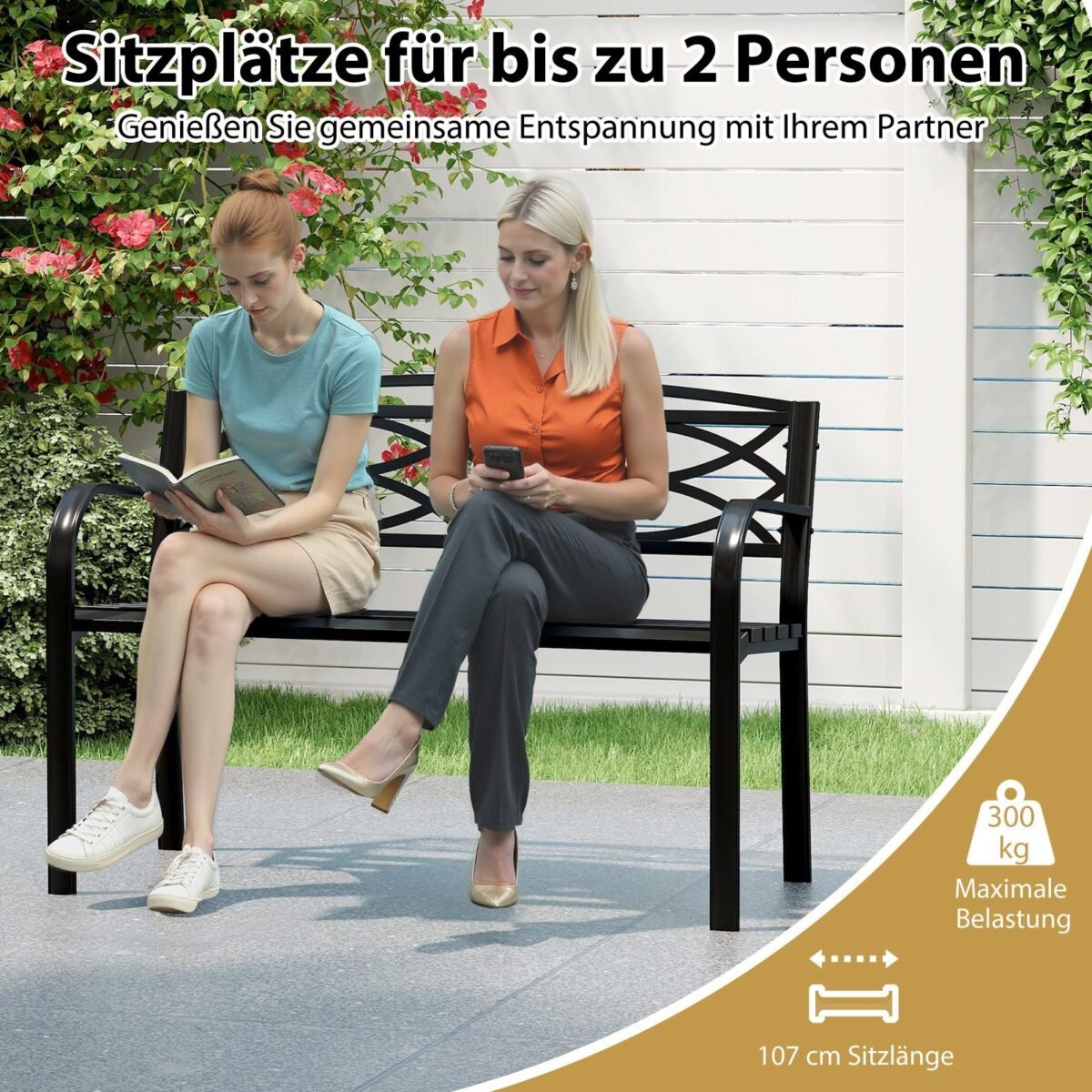 Metalinis lauko suolas su atlošu ir porankiais (Juoda)