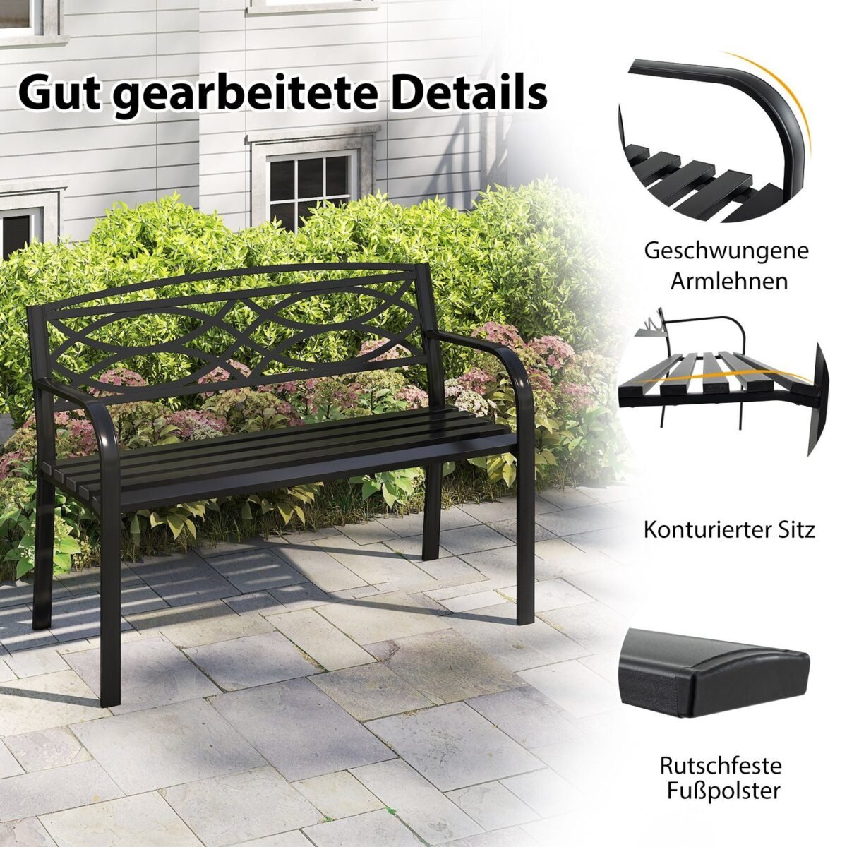 Metalinis lauko suolas su atlošu ir porankiais (Juoda)