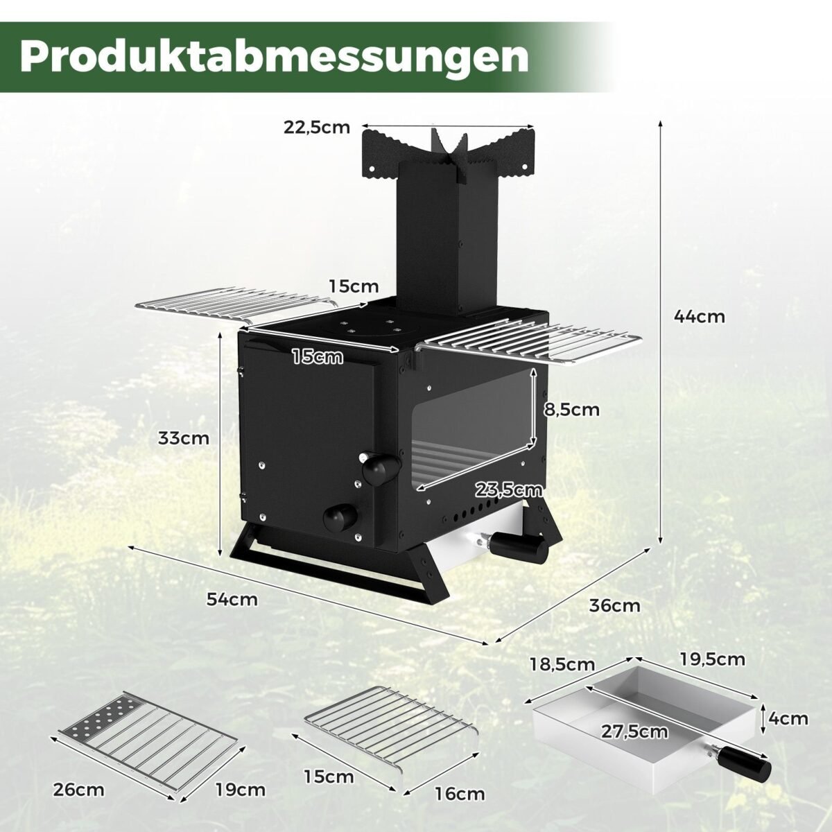 Nešiojama lauko krosnelė su virykle ir grotelėmis (Juoda)