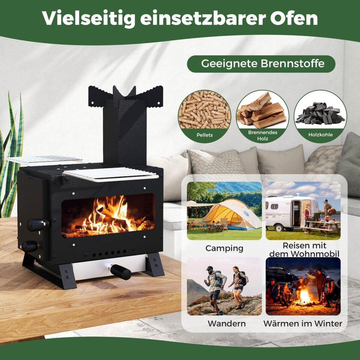 Nešiojama lauko krosnelė su virykle ir grotelėmis (Juoda)