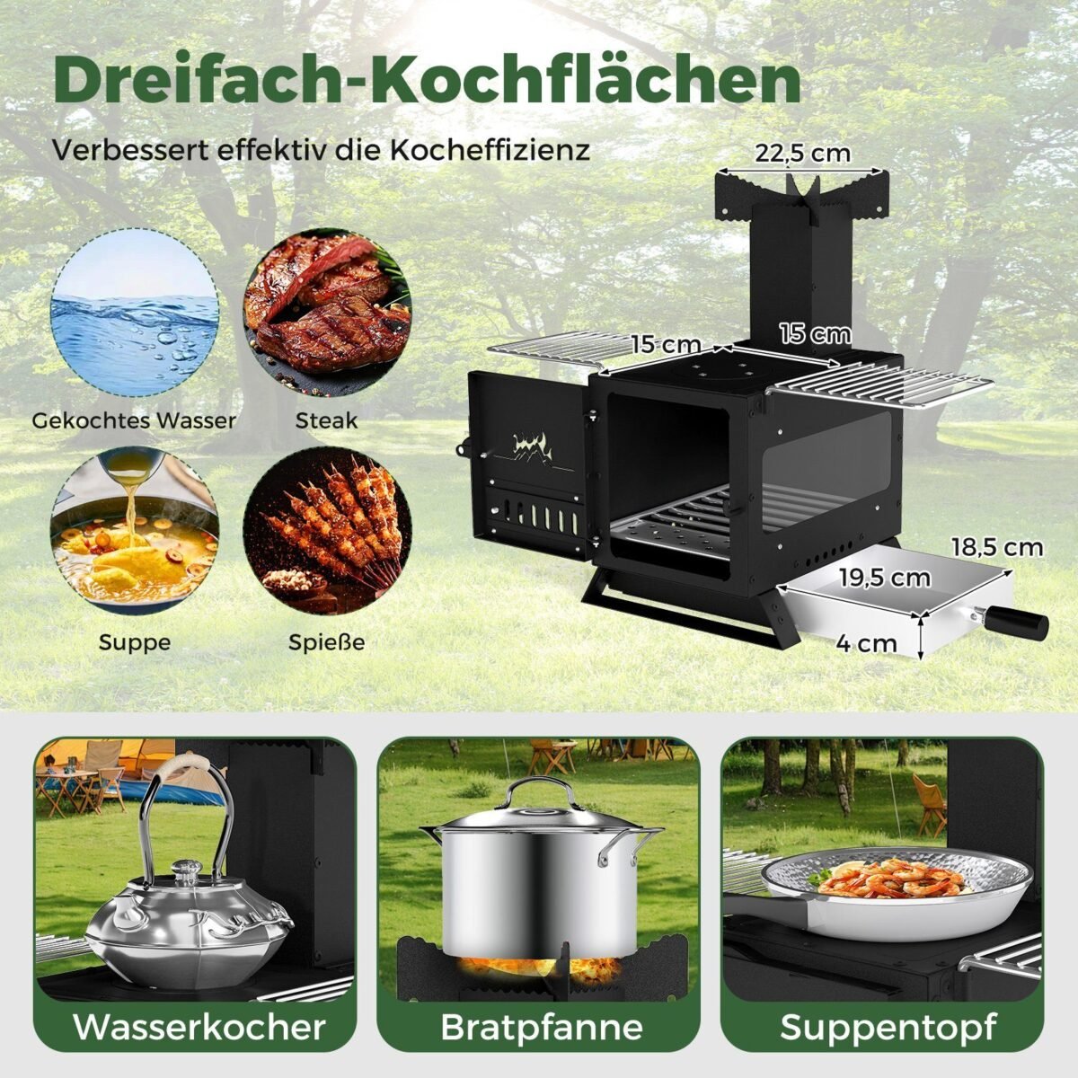 Nešiojama lauko krosnelė su virykle ir grotelėmis (Juoda)