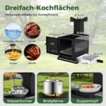 Nešiojama lauko krosnelė su virykle ir grotelėmis (Juoda)