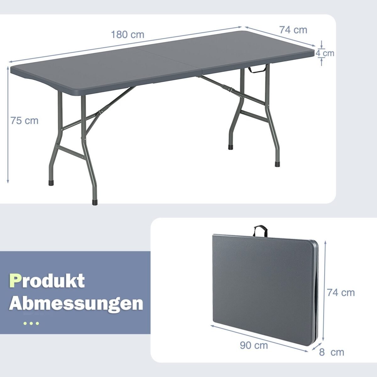 Sulankstomas lauko stalas 180x74 cm su HDPE stalviršiu (Pilka)