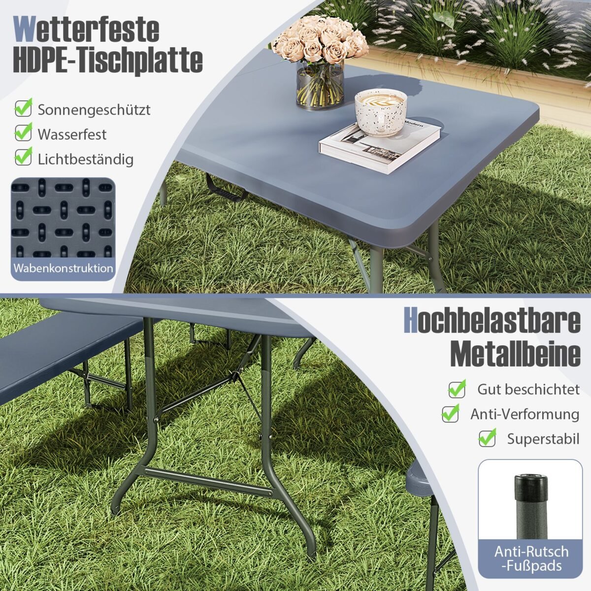 Sulankstomas lauko stalas 180x74 cm su HDPE stalviršiu (Pilka)