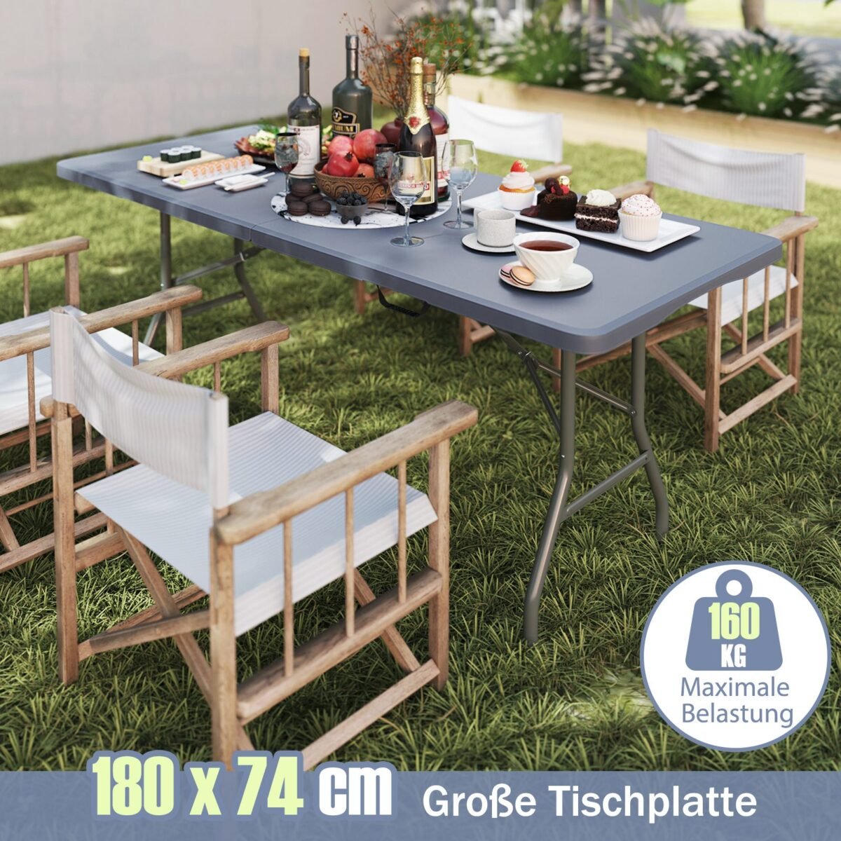 Sulankstomas lauko stalas 180x74 cm su HDPE stalviršiu (Pilka)