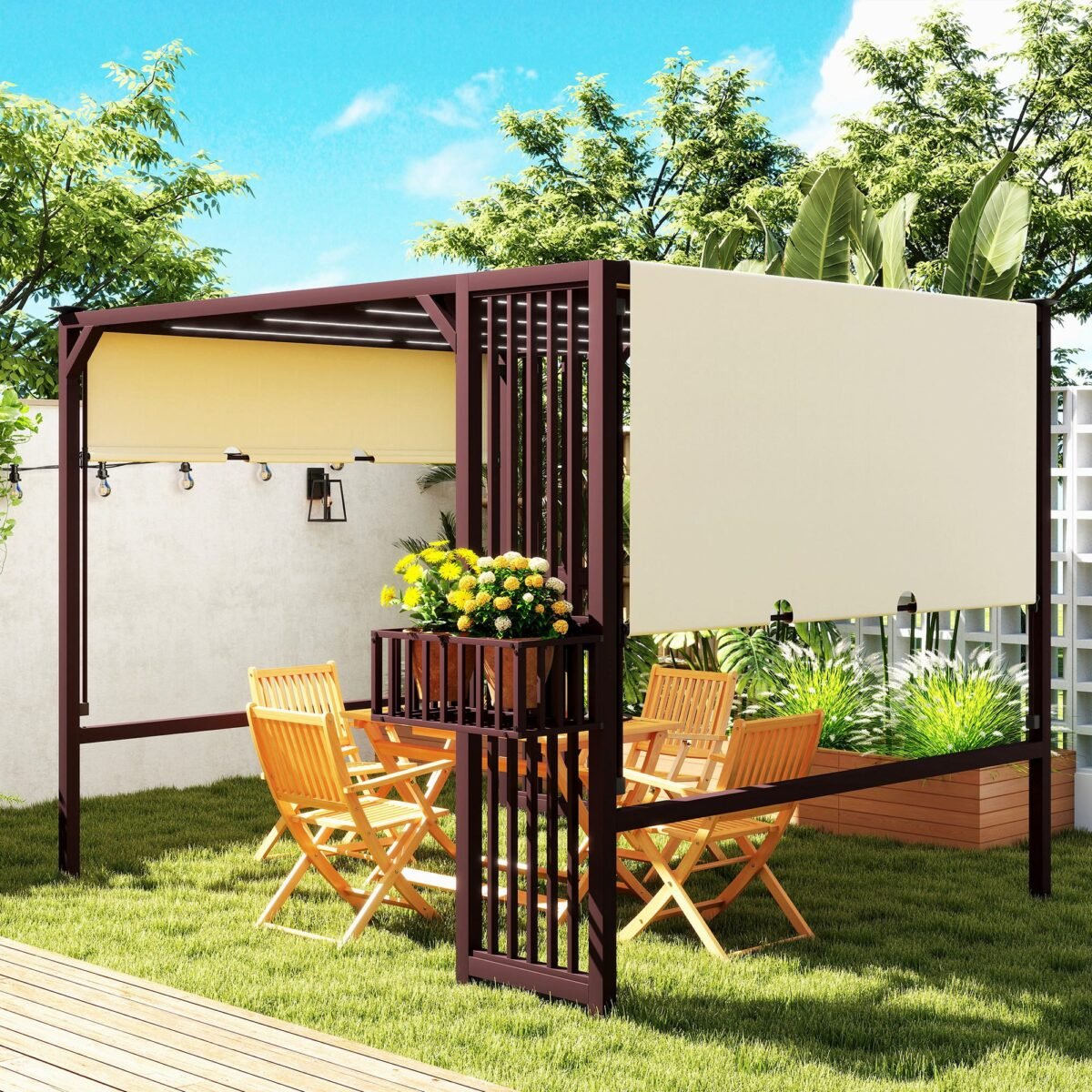 Pergola su reguliuojamu stumdomu stogu, integruotomis privatumo sienelėmis ir augalų loveliais 3x2,5 m