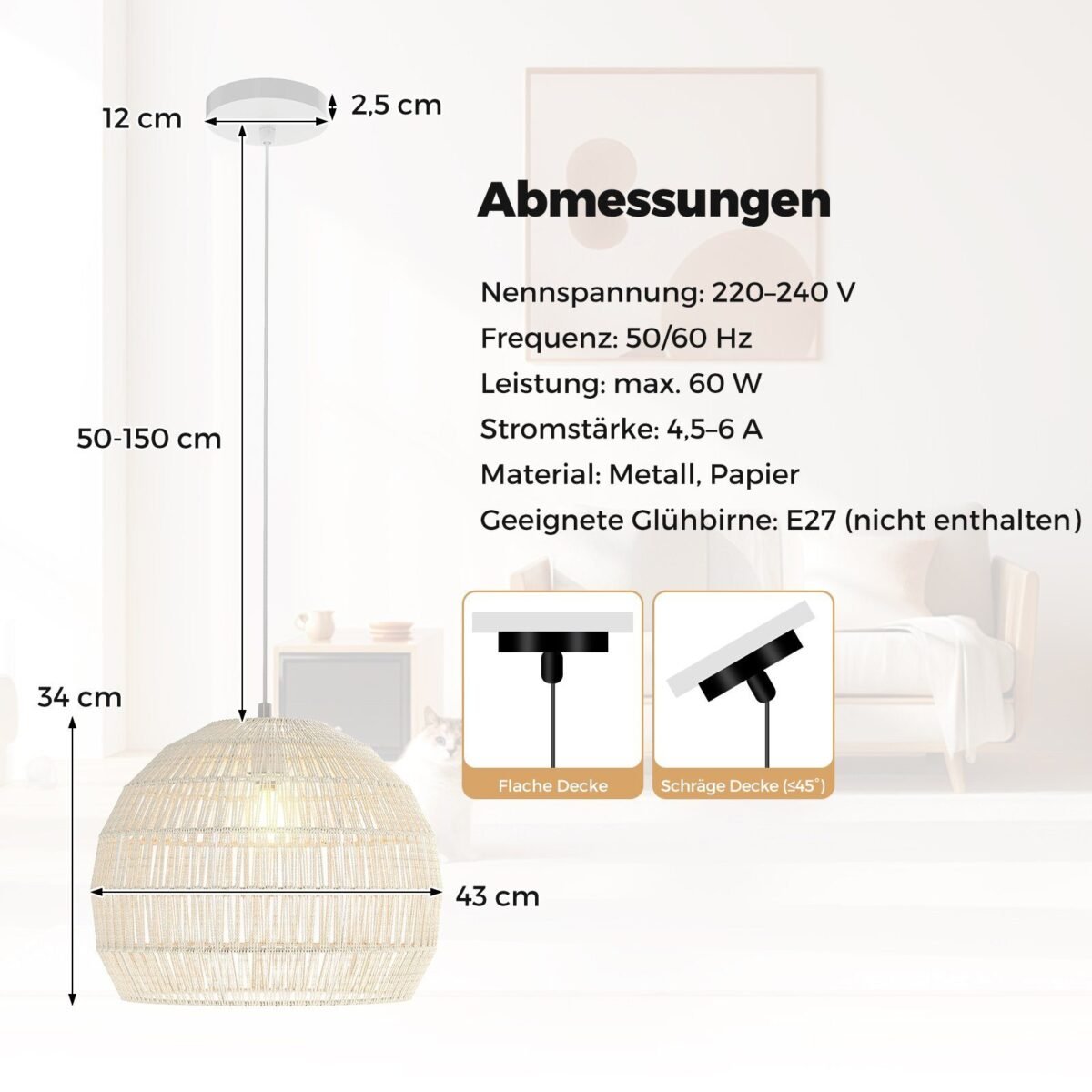 Pakabinamas šviestuvas reguliuojamo aukščio pintas iš popieriaus (Smėlio)