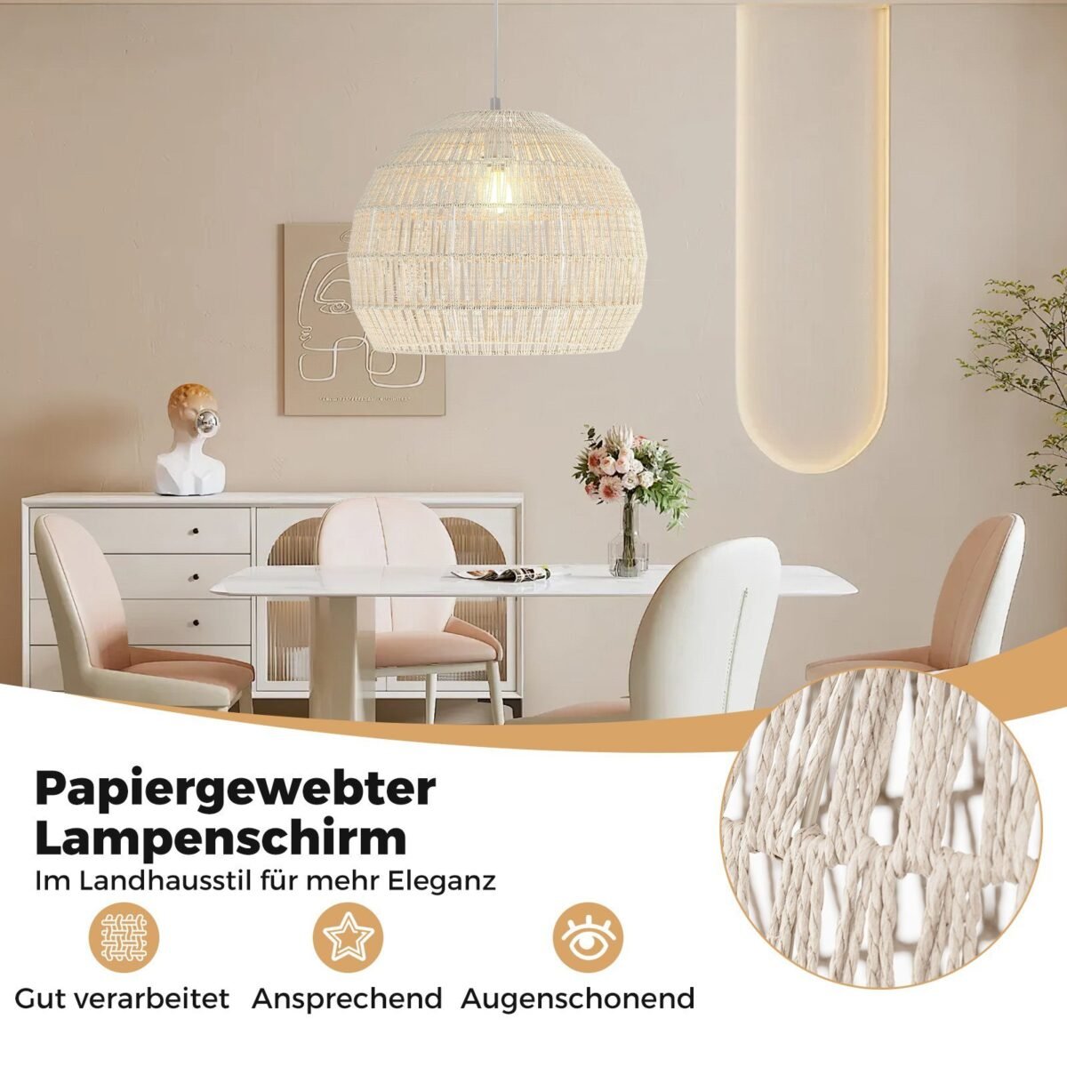 Pakabinamas šviestuvas reguliuojamo aukščio pintas iš popieriaus (Smėlio)