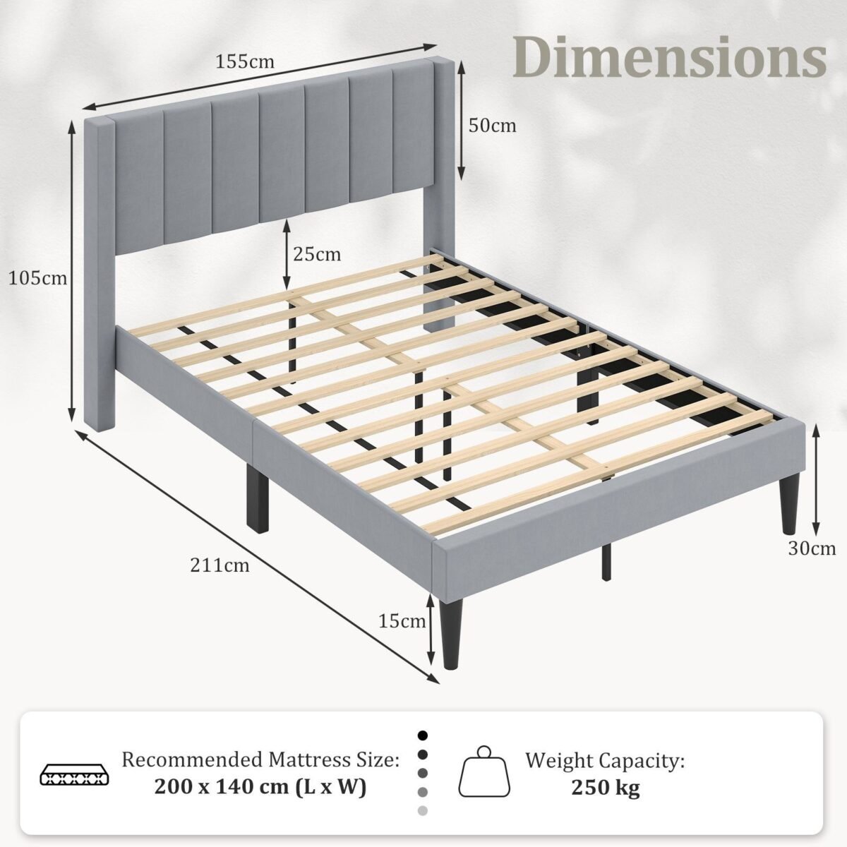 Dvigulė lova su paminkštintu galvūgaliu 200 x 140 cm (Pilka)