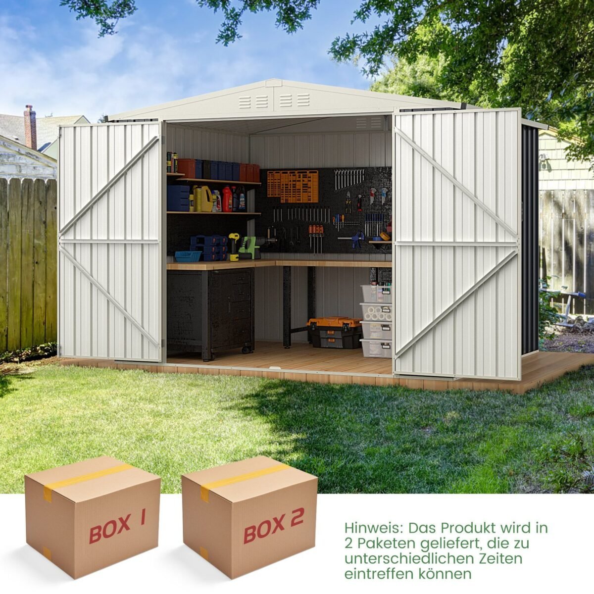 Metalinis sodo namelis su plačiu stogu ir ventiliacija (Pilka)