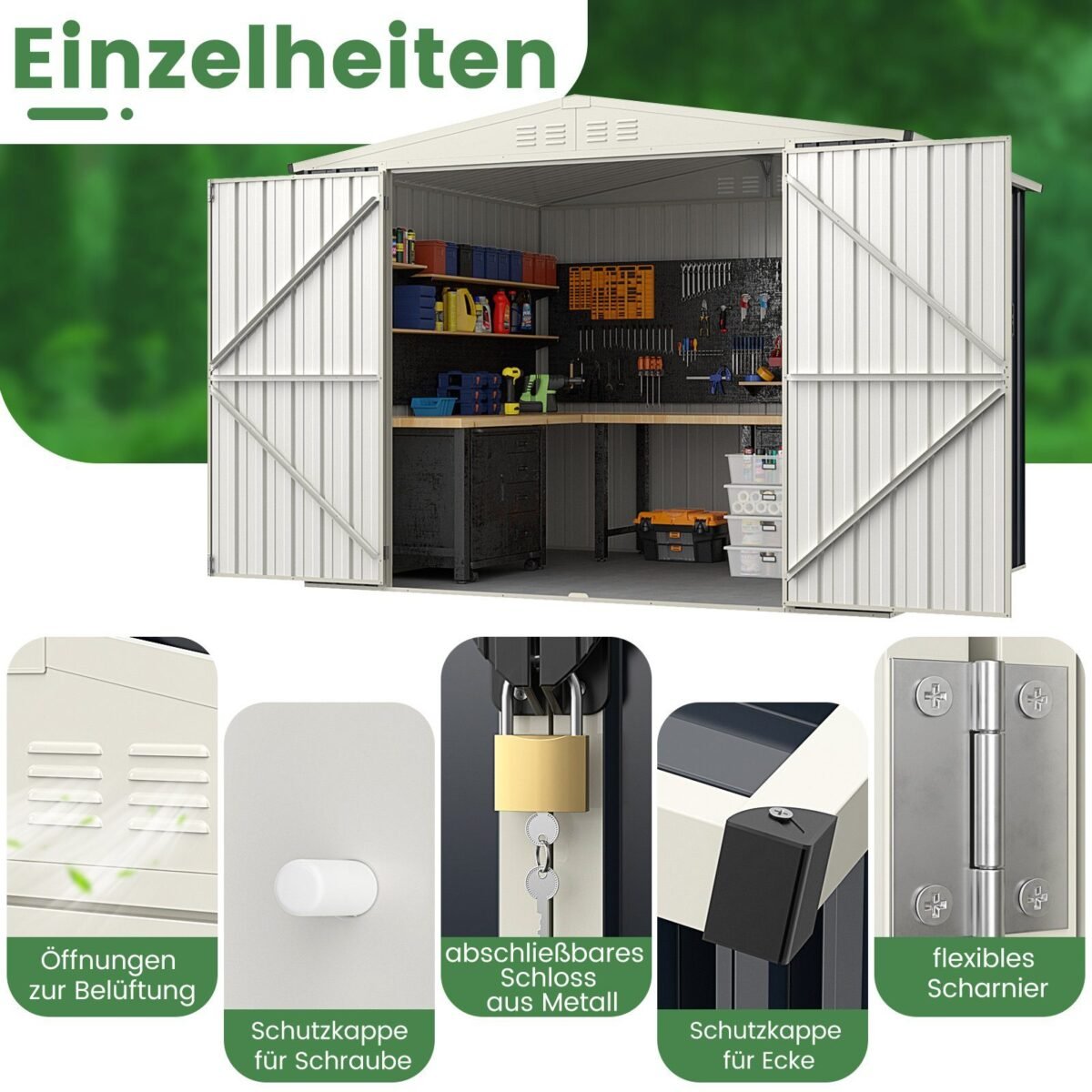 Metalinis sodo namelis su plačiu stogu ir ventiliacija (Pilka)