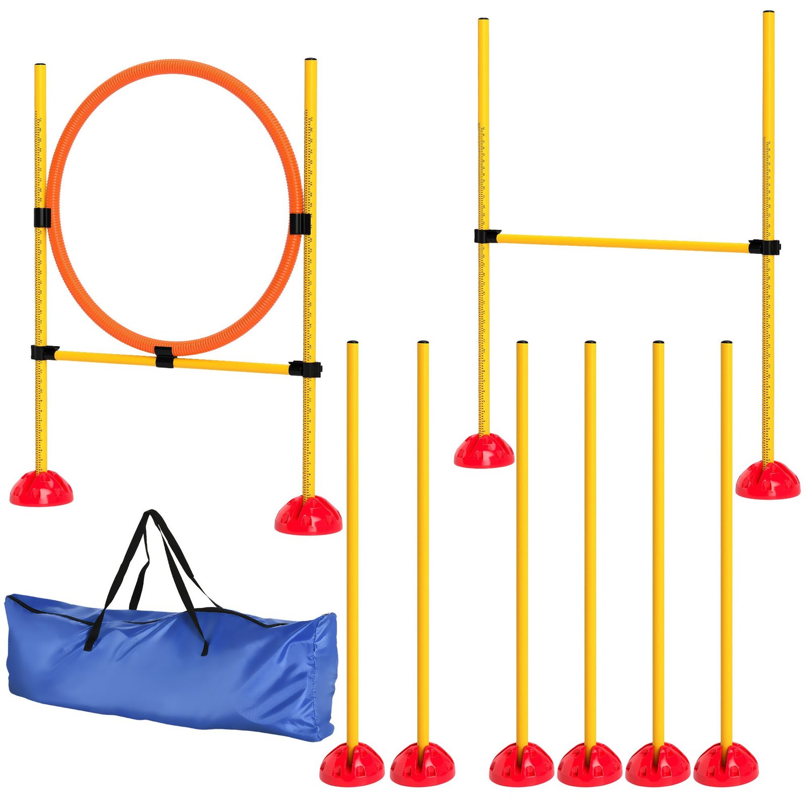 Šunų agility dresūros rinkinys su reguliuojamo aukščio kliūtimis ir užpildomais pagrindais