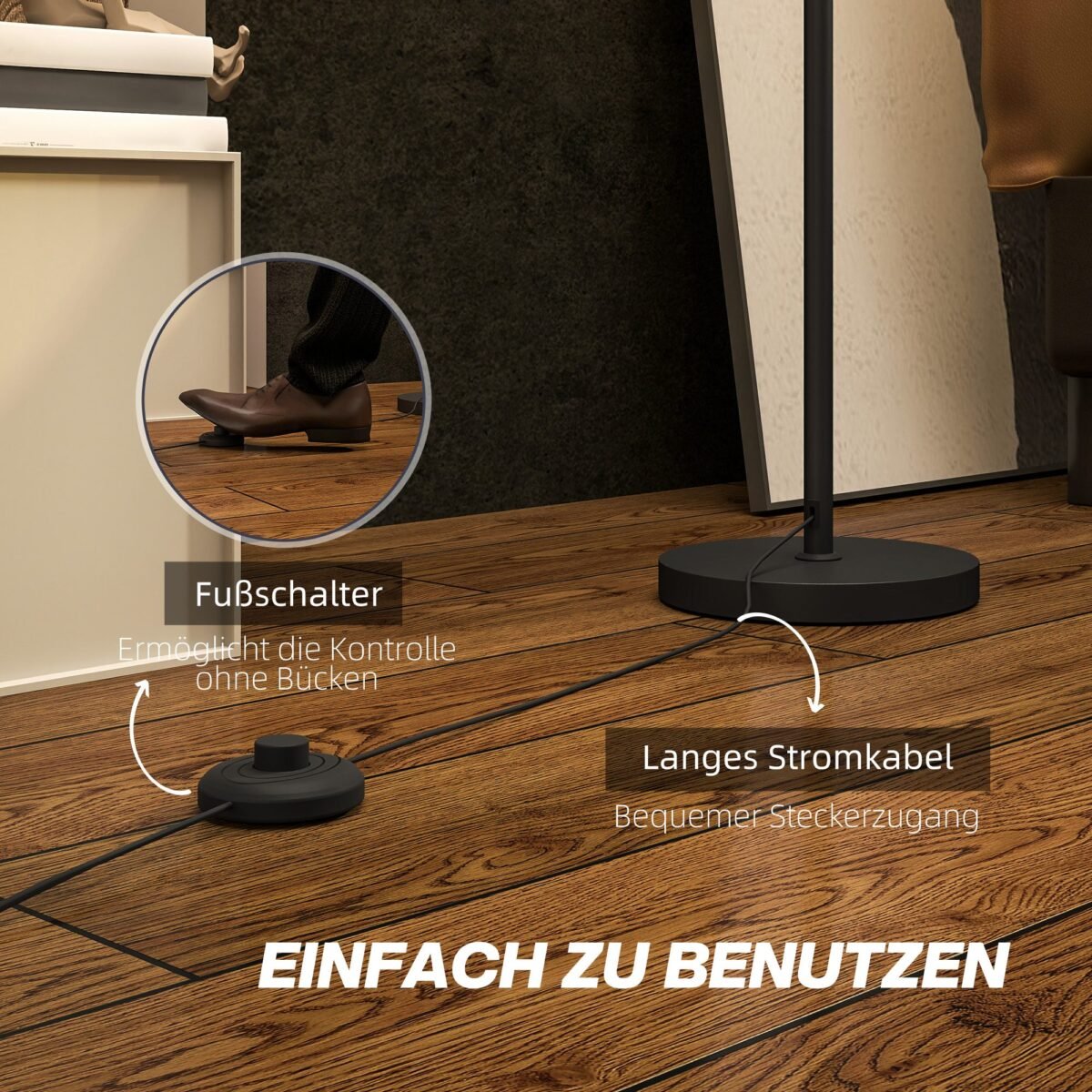 Pastatomas šviestuvas su lininiu gaubtu ir kojiniu jungikliu