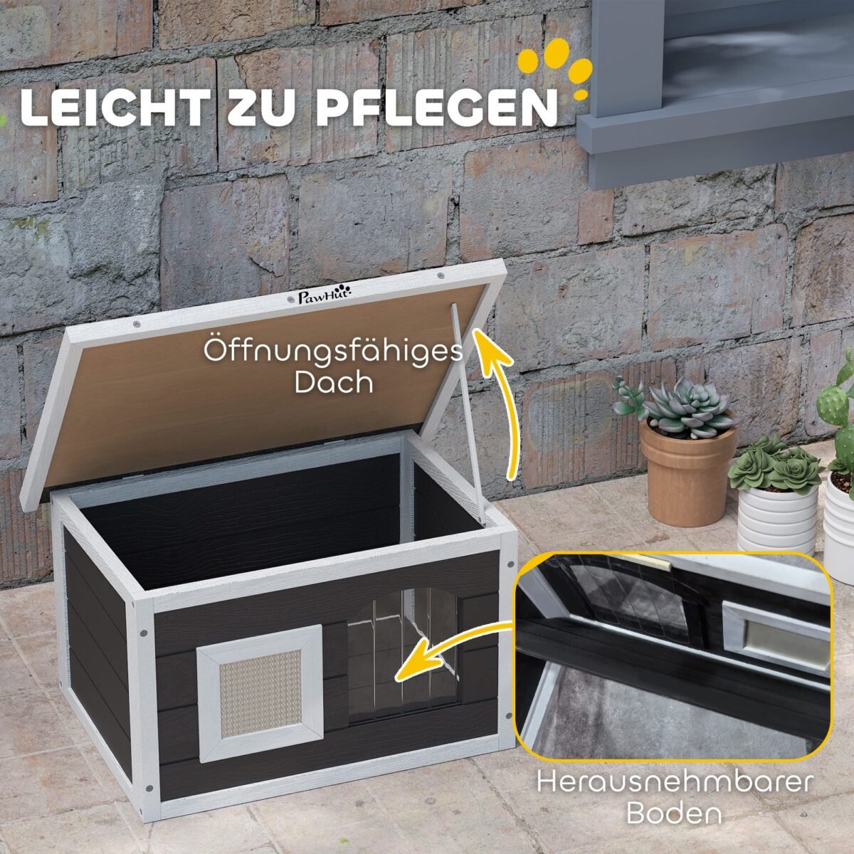 Lauko katės namelis su izoliacija ir atidaromu stogu